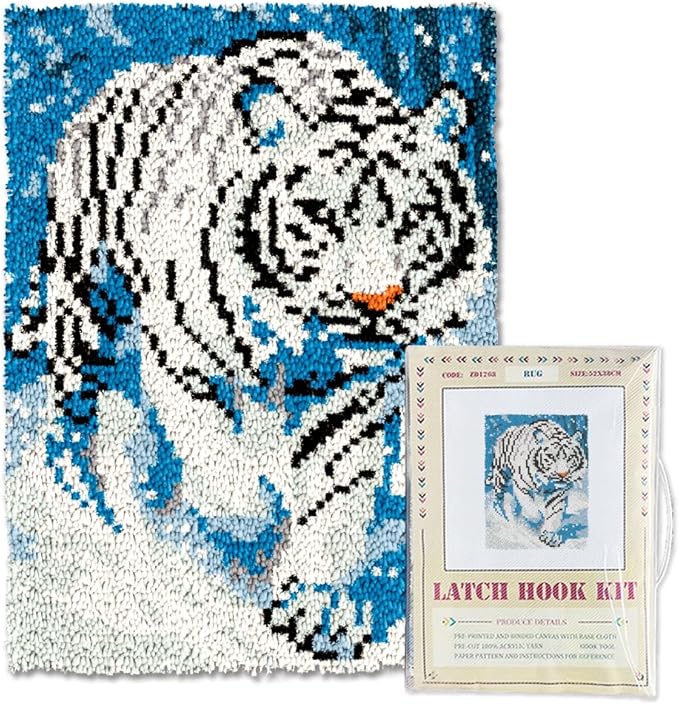 ORIGACH White Tiger Latch Hook Rug Kits, Color Stamped Grid Cloth Handmade Rug, Pattern Printed Carpet Kit, DIY Crochet Rug for Adults Home Decoration Festival Gifts 52 x 38 cm