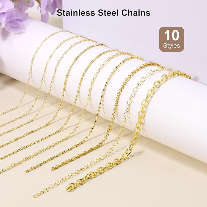 PP OPOUNT Gold Necklace Chains for Jewelry Making, 78.7 Feet 10 Rolls Chain for Jewelry Making DIY Necklace Bracelet Belt Earrings with Open Jump Rings & Lobster Clasps