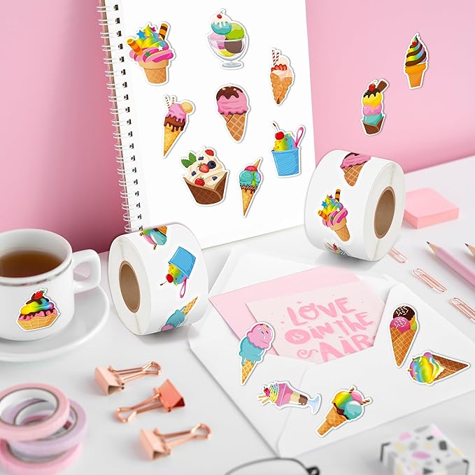 beyumi summer ice cream stickers - 1000pcs ice cream stickers in 2 rolls waterproof vinyl sweets themed cute dessert decals for gift laptop bottle scrapbooking luggage computer envelope decor for kids