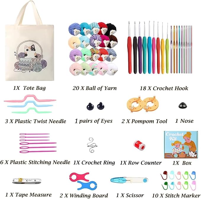 yarniss beginners crochet kits adults,starter crochet kit with 1132 yards crochet yarn&21 size knitting hooks,learn to crochet set with case