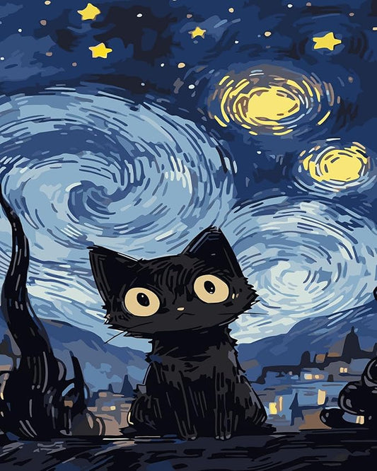 Mosaflare Paint by Numbers for Adults Beginner, Black Cat Adult Paint by Number Kits on Canvas, DIY Starry Night Acrylic Oil Easy Painting by Numbers for Home Wall Decor 16X20 inch (Without Frame)