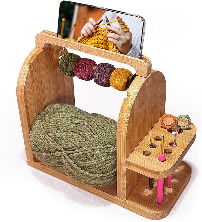 Yarn Holder for Crochet Accessories – Durable Bamboo Wood Knitting Accessories Yarn Storage Organizer with Built-in Phone Stand – Tangle-Free Dual Rods and Tool Holder – Works with Skein, Cake, Ball