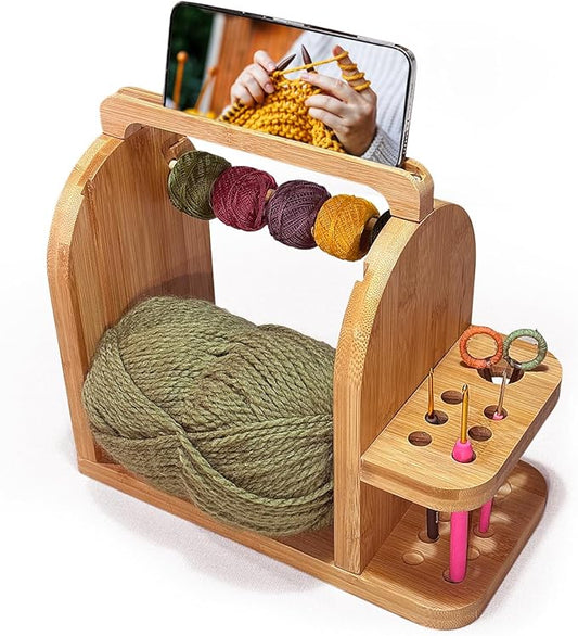 Yarn Holder for Crochet Accessories – Durable Bamboo Wood Knitting Accessories Yarn Storage Organizer with Built-in Phone Stand – Tangle-Free Dual Rods and Tool Holder – Works with Skein, Cake, Ball
