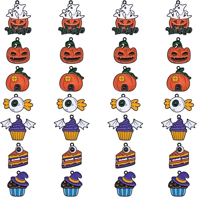 WEWAYSMILE 28Pcs Halloween Charm Pumpkin Charm Pendant Magic Hat Cake Spooky Pumpkin Halloween Jewelry Making Kit for Jewelry Making DIY Necklace Bracelet Earring Accessories