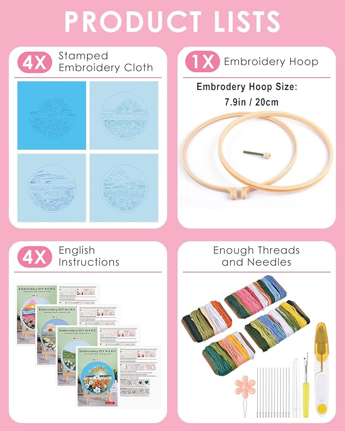 TINDTOP Embroidery Kit for Adult, 4 Pack Cross Stitch Practice Kits for Beginners Include Embroidery Cloth Hoops Threads for Craft Lover Hand Stitch with Embroidery Skill Techniques