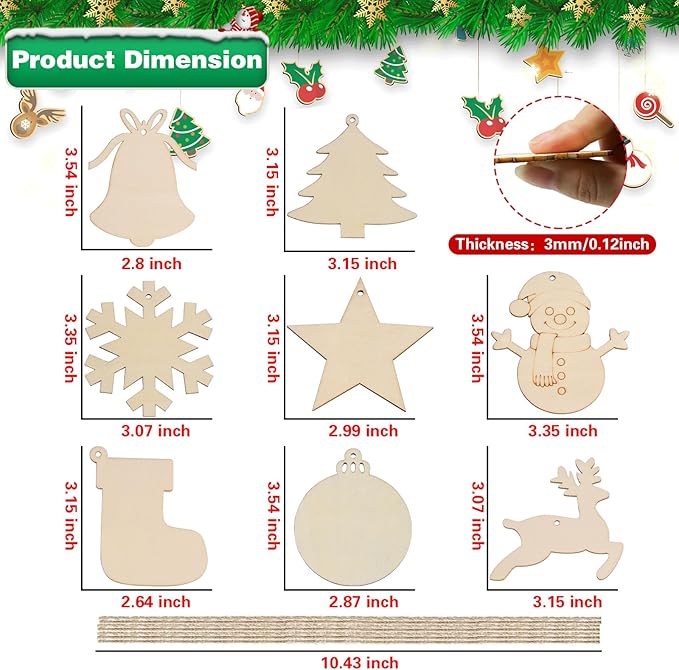 Christmas Ornaments Craft Kit, 48 Pcs Blank Wood Slices for Painting with Paint Pens and Brushes, DIY Wooden Christmas Ornament Set for Tree Decorations, Family Holiday Activities and Gifts