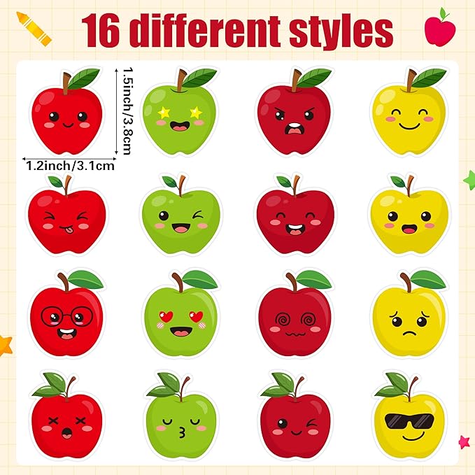 beyumi apple reward roll stickers - 1000pcs back to school apple stickers in 2 rolls first day of school adhesive decals with assorted expressions classroom office bottle notebook decor for kids