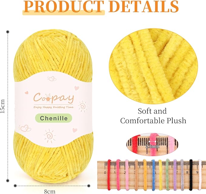 Coopay Skinny Chenille Yarn for Crocheting and Knitting, 12 Pack of 50g/1.76oz-1764yd Total, Soft Velvet Yarn of Baby Weights - Suitable for Baby Blankets, Plush Toys - Super Soft (Yellow Gradient)