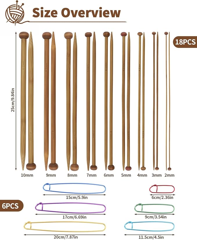 9 Pairs Bamboo Knitting Needles Set with 6 Stitch Holders, 2-10mm Single Point Wooden Knitting Needles, 10in Long for Scarves, Hats, Beginners, Complete Knitting Accessories Kit