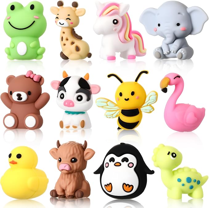12 Pcs 3D Silicone Focal Beads Pens Beads Bulk for Beadable Keychain DIY Crafts Necklace Bracelet Phone Chain Charms Jewelry Making (Animals A)