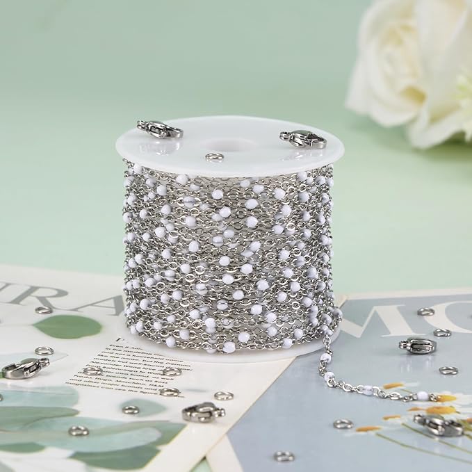5 Meters Long Stainless Steel Silver Chains for Jewelry Making White Beaded Decorative Jewelry Bulk Small Enamel Chain Spool with Connectors for Women Men DIY Crafts