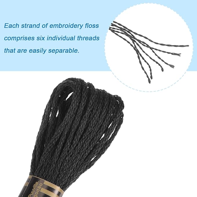 HARFINGTON 12 Skeins Embroidery Floss 8m Each Egyptian Long Fiber Cotton Cross Stitch Thread 26S/2x6 for Embroidery Projects Bracelet, Black