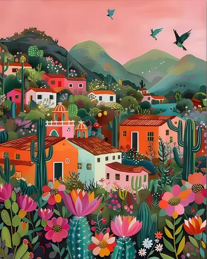 Paint by Numbers Kit for Adults Beginner, Mexican Village Building Adult Paint by Number Kits on Canvas, DIY Acrylic Oil Easy Painting by Numbers for Home Wall Decor 16X20 inch (Without Frame)