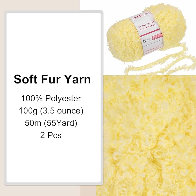 MECCANIXITY 2 Skeins Fur Yarn Soft Fluffy Chunky Yarn Fuzzy Eyelash Yarn Yellow for Crocheting Knit Clothes Bag - 55Yard/50m, 3.17ozx2