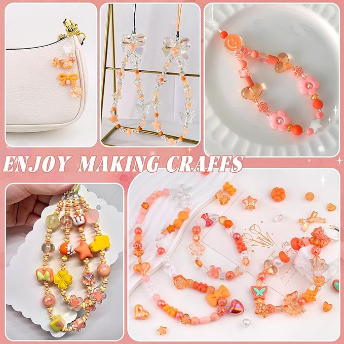 200-260pcs tinkrstuff assorted acrylic beads orange cute beads for bracelet making, bow aesthetic gummybear flower candy butterfly kawaii charms for jewelry making diy necklace keychain phone charm