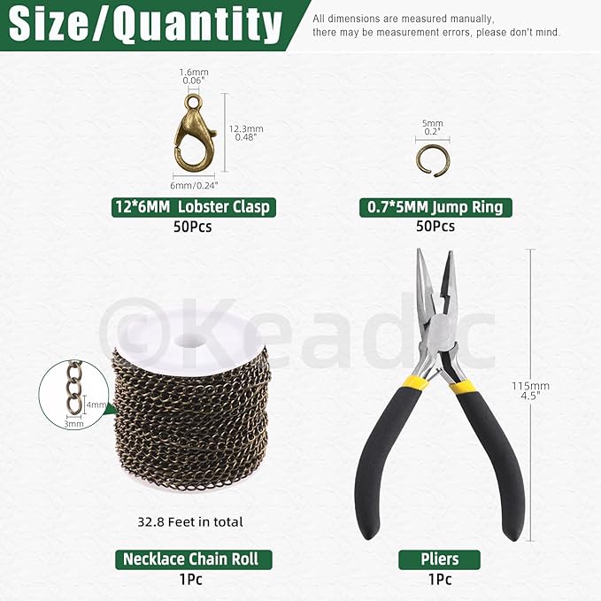 Keadic 102Pcs 30 Feet Jewelry Making Chains Kit W 3mm Metal Necklace Twisted Links Chain, Lobster Clasps, Open Jump Rings and Jewelry Pliers for Bracelet Earring Anklet DIY (Bronze)
