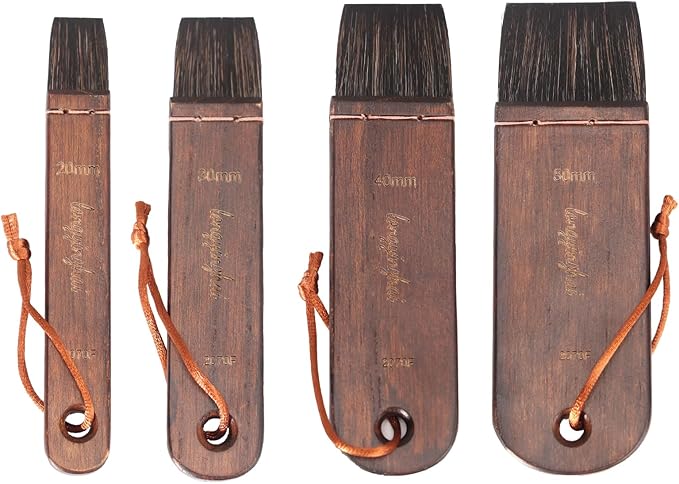 Hake Brushes Set of 4 (20,30,40,50) - Squirrel Blend Watercolor Brushes - Stained Birch Short Handle - Ideal for Washes (Yellow-Brown, Large Size (Clothes, Print Etc))