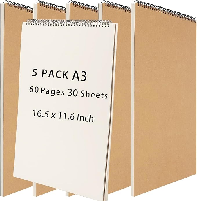 HEIHAK 5 Pack A3 16.5 x 11.6 Inch Sketch Notebooks, 60 Pages 30 Sheets Top Spiral Bound Pocket Sketchbooks, Spiral Notepads Sketch Pads Bulk for Kids Drawing, Sketching, Painting, Writing