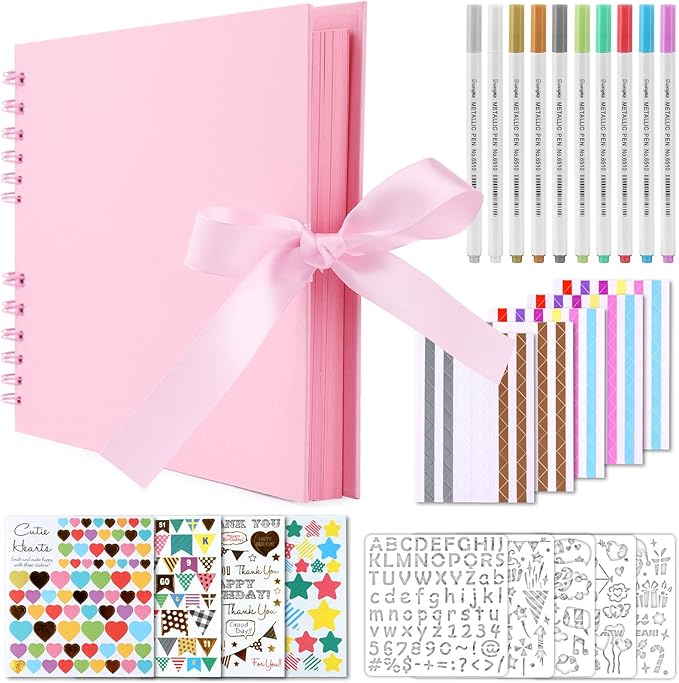 Gotideal 80 Pages Scrapbook Album with 10 Metallic Markers, Craft Paper Photo Album for Wedding and Anniversary, Family DIY Scrapbook Accessories with Scrapbooking Stickers Corners(Pink)
