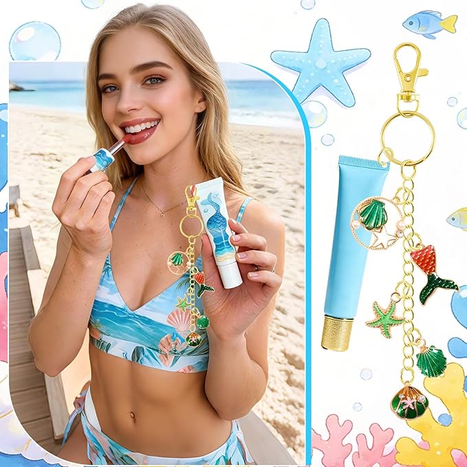 254 Pcs Ocean Themed Charms Lip Gloss Keychain Making Kit Include Summer Sea Beach Enamel Charms Keychain Clips Extender Chains Jump Ring Plier DIY Jewelry Crafts Gifts for Women Adults