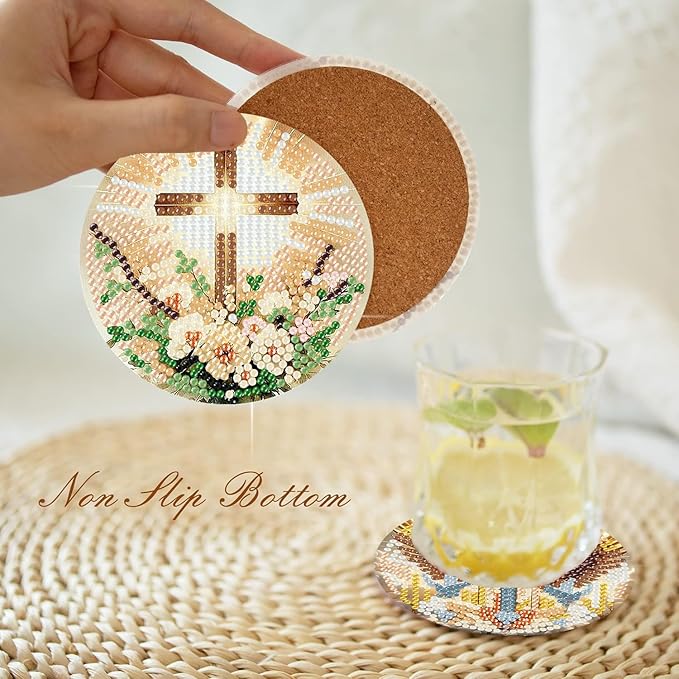 igoodom 8 Pcs Cross Diamond Art Coasters Kit with Holder, DIY Cross Diamond Painting Coasters for Beginners Adults, Non Slip Diamond Art Kits Craft Supplies 4x4inch
