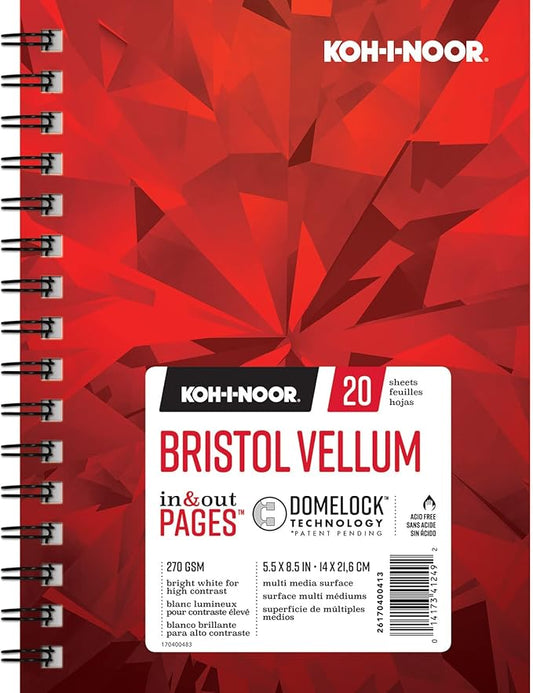 Koh-I-Noor 5.5" x 8.5" Bristol Vellum Bright White Paper Pad with In and Out Pages, 270 GSM, Side Wire-Bound, 20 Sheets per Pad (26170400413)