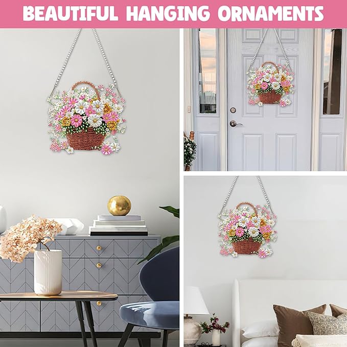 NAIMOER Diamond Art Hanging Kits for Adults Flower Basket 5D Special Shaped Rhinestone, DIY Acrylic Diamond Art Painting Window Pendants Home Garden Wall Hanging Ornament Kits, Double Sided