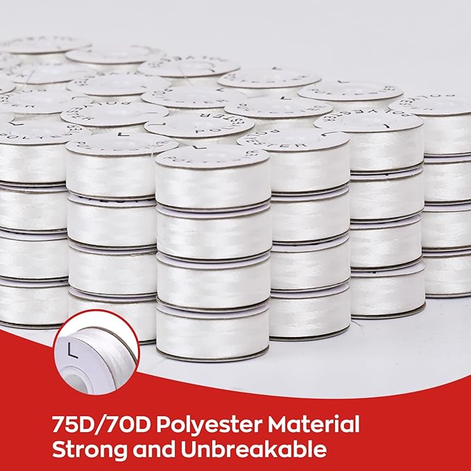 Poolin Prewound Bobbins, Richword Selected White Cardboard Sided 144pcs Size L(SA155), 75D/2(60WT) Polyester Bobbin Thread for Commercial Multi Needles Embroidery Machine, 120 Yards