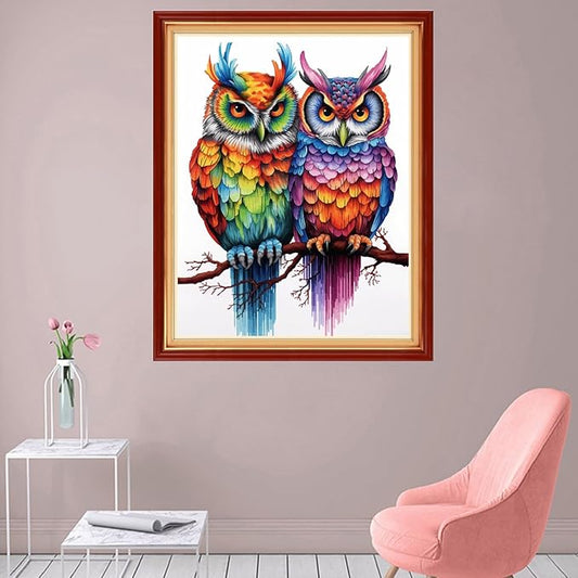 foxhool stamped cross stitch kits,11ct printed cross stitch pattern full embroidery kits for beginner needlepoint kits-two colorful owls 16x20 inch