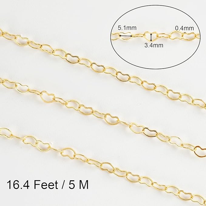 Jabogrii 16.4 Feet Heart Jewelry Chains 18K Gold Plated Brass Chain for Jewelry Making Women Necklace Bracelet DIY Craft Chain Bulk