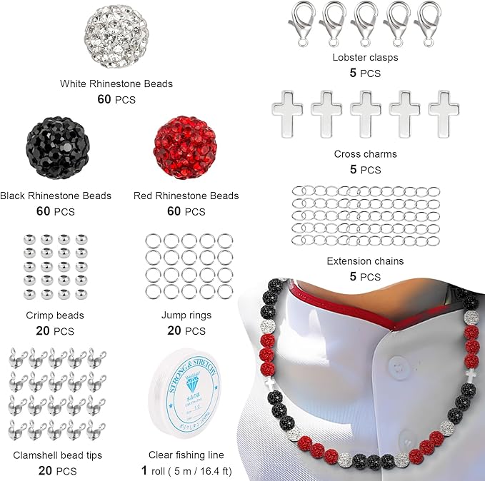 256Pcs 10mm Rhinestone Beads Kit for Bracelets, 3 Colors Round Disco Ball Sparkly Beads with Cross Charms and Accessories for DIY Baseball Necklaces Earrings Jewelry Making