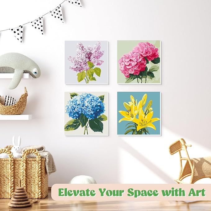 Lxmsja 4 Pack Subtle Flora Paint by Numbers Kit for Adults, Easy Framed Paint by Numbers for Adults Beginner, DIY Acrylic Oil Painting Craft Kits for Home Wall Decor 8x8 inch