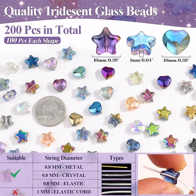 200PCS 10MM Glass Star Beads Bedazzling Irisedent Glass Beads,Crystal Star Beads Heart Beads,Eletroplated Mixed Colors Cute Bead for Necklace Bracelet Jewelry Making, Spacer Bead for Crafting & DIY