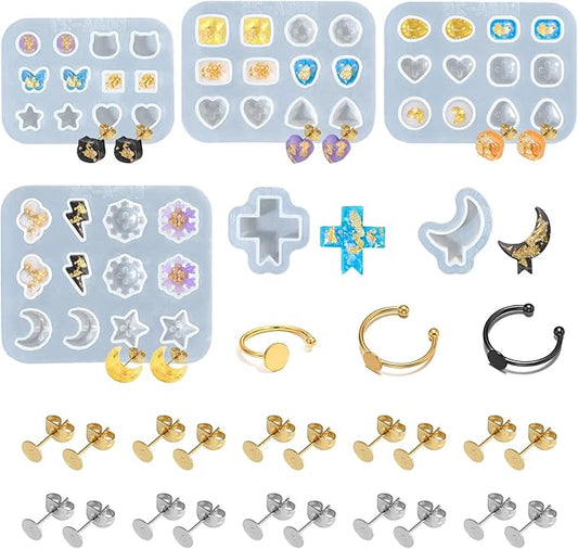 Epoxy Resin Molds Jewelry, Small UV Resin Molds Silicone Kit with Earring Backs & Ring Settings Accessories, DIY Mini Silicone Moulds for Earrings, Pendants, Rings, Necklace & Keychains Art Crafting
