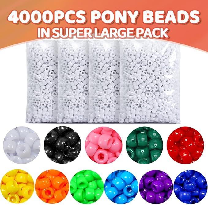 praisebank 4000pcs white barrel plastic pony beads for jewelry making, crafts, hair braids