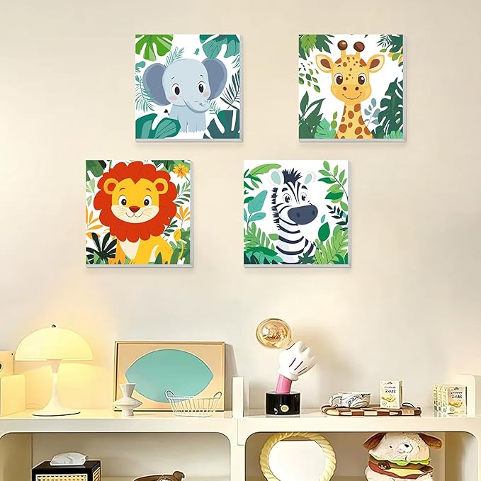 KEYIFA 4 Pack Paint by Numbers Kids Kit with Frame, Easy Animal Painting Kits for Adult Beginners, Plants Acrylic Painting on Framed Canvas for Home Decor Gift, 8x8 in (Lion+Zebra+Elephant+Giraffe)