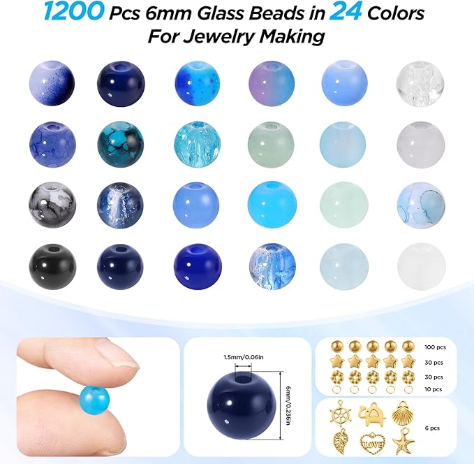 funtopia 1377pcs blue glass beads for bracelets, 24 colors 6mm beads for jewelry making, round crystal blue ocean sea bead for bracelet earring necklace diy crafts with spacer bead and charms