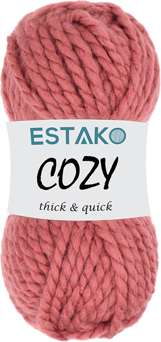Estako Cozy Thick & Quick Yarn 20% Wool 80% Acrylic Soft Super Bulky Weight #6 Knitting and Crocheting Yarn 3.52 oz (100gr) 65 yds (60 m) (53100-Dark Rose)