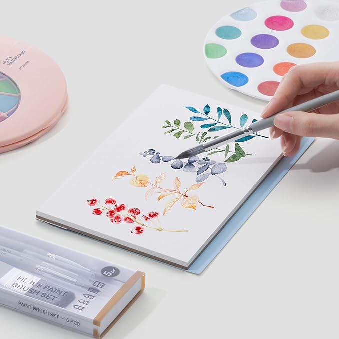 HIMI Watercolor Paint Brush Set, 5 Pcs – 1 Flat, 3 Round, 1 Wide Flat – Professional & Beginner Artist Paint Brushes for Watercolor, Unique Design Gift for Art Lovers