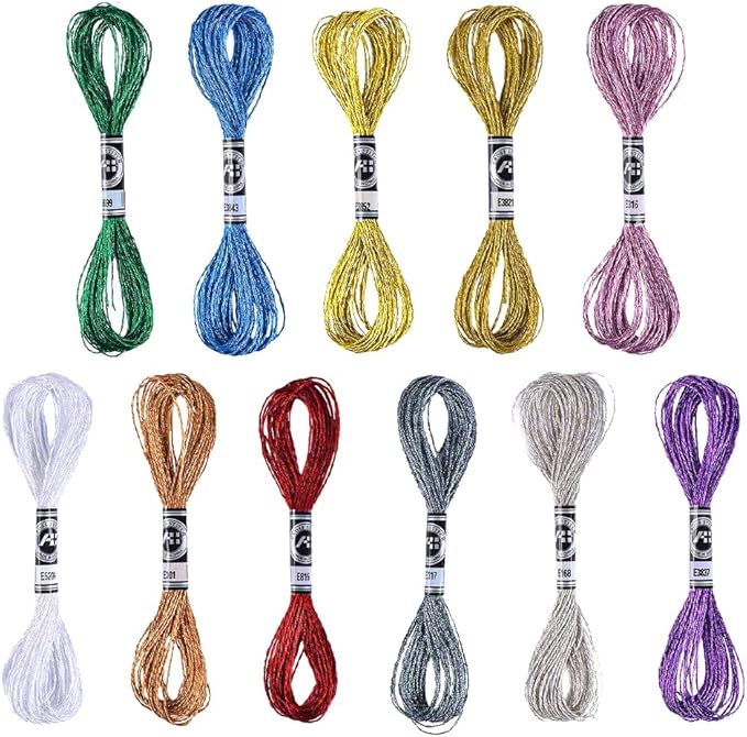 11 Pieces of Cross Stitch Thread, Metallic Embroidery Thread, with Shiny Effect Embroidery Floss, Suitable for Hand Embroidery, Knitting and DIY Craft Making
