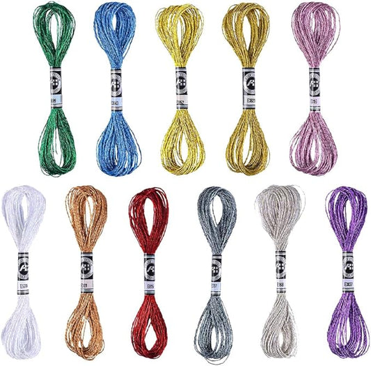 11 Pieces of Cross Stitch Thread, Metallic Embroidery Thread, with Shiny Effect Embroidery Floss, Suitable for Hand Embroidery, Knitting and DIY Craft Making