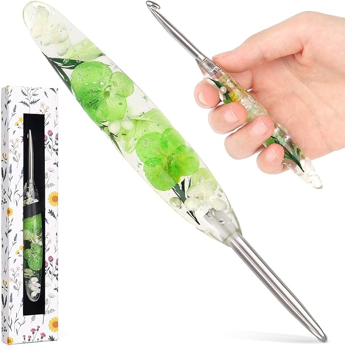 Katech 5.5mm Crochet Hook for Arthritic Hands, Hand-Polished Stainless Steel Ergonomic Crochet Hooks with Customized Sparkle Dried Floral Grip, Soft Tapered Hook-Crochet Gift for Beginner & Crocheter