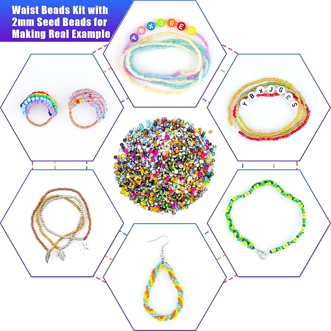 42000Pcs 2mm Glass Seed Beads 12/0 Small Tiny Beads Kit with 150Pcs Alphabet Letter Beads Pendants Charms Jump Ring Elastic String for DIY Bracelets Necklace Jewelry Making Supplies