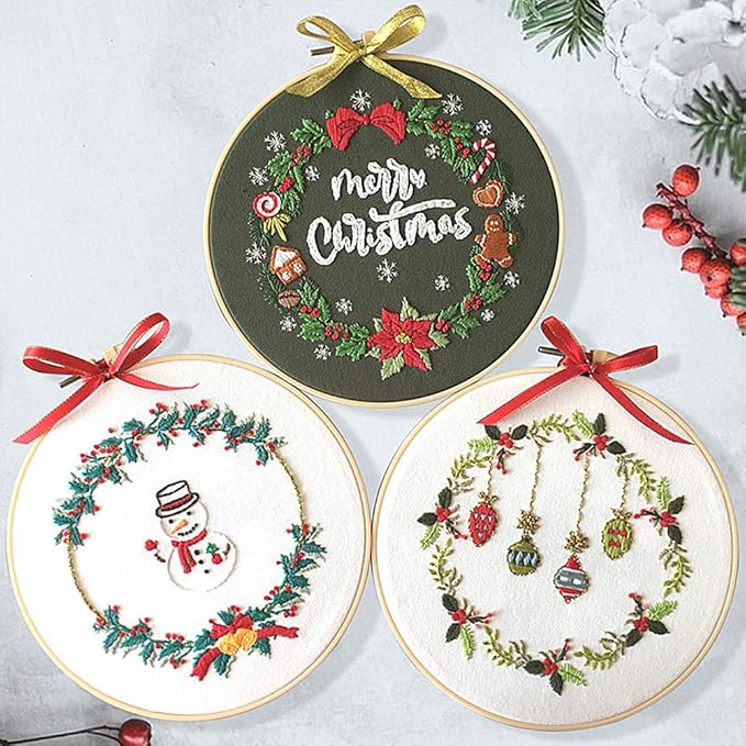 Embroidery Kit Merry Christmas Snowman Ornaments Wreath Awesocrafts Full Range of Embroidery Starter Kits for Beginners Adults DIY Handmade Easy Patterns (3 Pack)