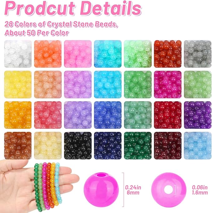 shynek 1400 Pieces 6mm Round Glass Beads for Jewelry Making, 28 Colors Crystal Beads for Bracelets Jewelry Making and DIY Crafts(Solid Color)