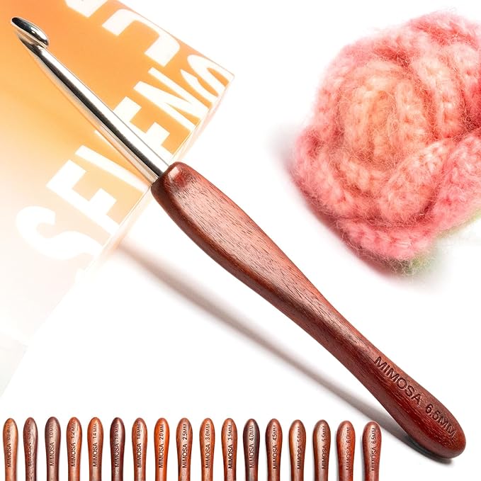 SEVENSUN Mimosa 6.5mm Single Crochet Hook, Available in 0.6mm-6.5mm, Ergonomic Hand Polished Stainless Steel Inline Pointy Wood Handle Crochet Hook for Arthritic Hands, Mother's Day Gifts for Mom