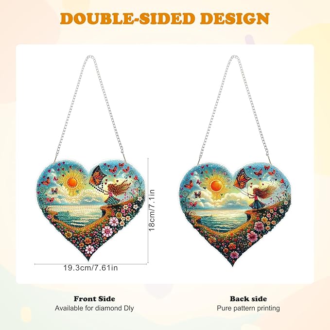 HEIBAGO Diamond Art Hanging Kits for Adults Kids, Hanging Diamond Art Beach Heart Shape, 5D Special Shaped Crystal Diamond Painting Kit, DIY Pattern Window Pendant for Home Wall Decor 8.3x8.3Inch