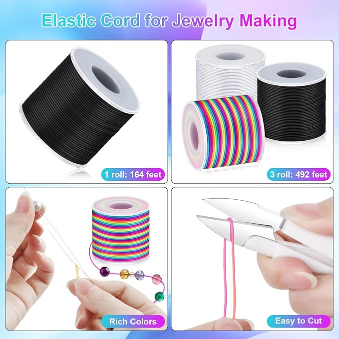 492 Ft Stretchy Bracelet String 1mm Elastic String for Bracelets 3 Roll Elastic String Elastic Cord for Jewelry Making Necklaces Beading Crafts with Scissors & Beading Needle(Rainbow, White, Black)