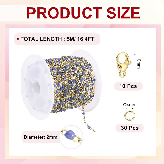 MECCANIXITY Stainless Steel Bead Chain, 16.4 Feet/5M Enamel Beaded Jewelry Link Cable Chains Spool Kit for Jewelry Making, Necklace, Bracelets, DIY Crafts (Gold/Blue, Pack of 1)