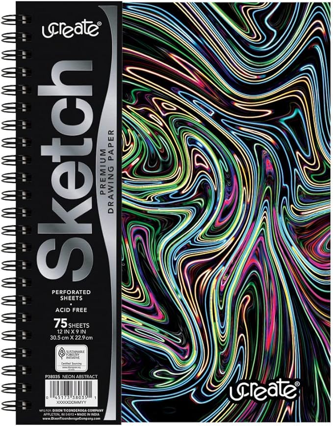 UCreate Fashion Poly Sketch Book Abstract Design, 9" x 12", Neon 75 Sheets